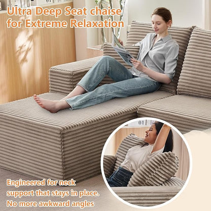 96" Modular Sectional Sofa, Modern Corduroy Cloud Couch with Deep Seat, Boneless Couch Upholstered 3-Seater L-Shaped Sofa for Living Room, No Assembly Required (Camel, Left-Facing Chaise)