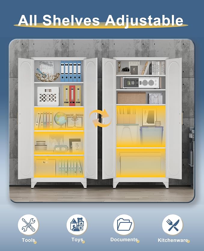 75" Tall Metal Storage Cabinet with 2 Doors and 4 Adjustable Shelves, Heavy Duty Steel Pantry Cabinet for Home Office, Kitchen, Garage and Laundry Room, White