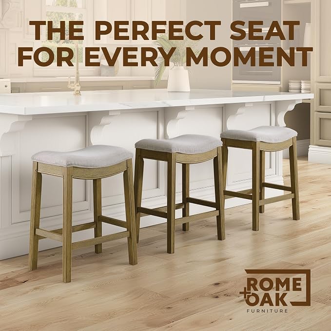 ROME + OAK Parker 26 Inch Counter Stool, Backless Saddle Kitchen Barstool in Natural Finish with Cream Fabric Upholstery Cushion Seat
