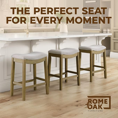 ROME + OAK Parker 26 Inch Counter Stool, Backless Saddle Kitchen Barstool in Natural Finish with Cream Fabric Upholstery Cushion Seat