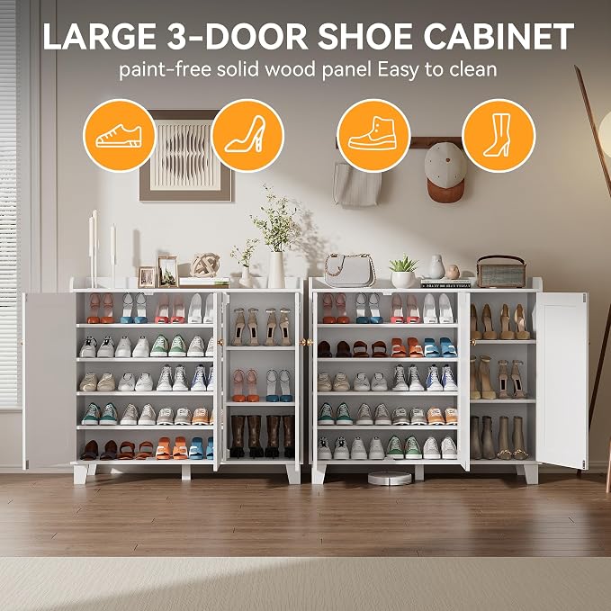 Shoe Storage Cabinet with 3 Doors and Adjustable Shelves，40 Inch Tall Farmhouse Flat-Shelf Wooden Shoe Cabinet，Shoe Rack Shoe Organizer Cabinet for Hallway Entryway Living Room （White）