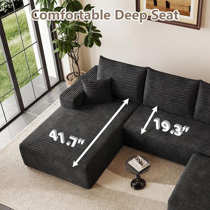 95" Cloud Sectional Couch U-Shaped Chaise with Ottoman, Corduroy Boneless Couch for Living Room Bedroom, Deep-Seat Upholstered Modular Cloud Sofa, No Assembly Required (Black, Left Facing Chaise)