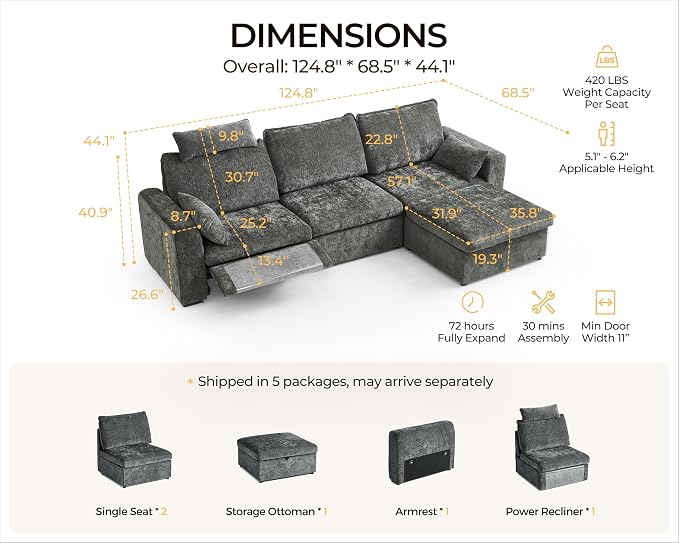 124.8'' Oversized Power Recliner Sofa with Headrest, Extra Wide Modular Cloud Sectional Reclining Couch, Convertible 4-Seater with Storage Ottoman for Home Theater Living Room, Chenille, Grey