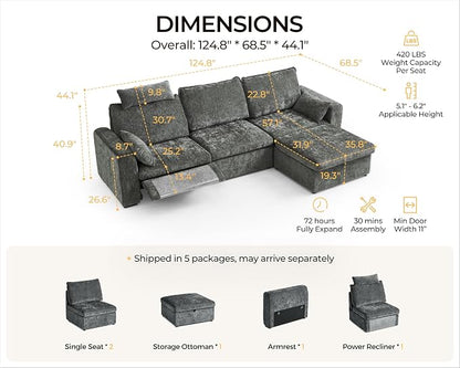 124.8'' Oversized Power Recliner Sofa with Headrest, Extra Wide Modular Cloud Sectional Reclining Couch, Convertible 4-Seater with Storage Ottoman for Home Theater Living Room, Chenille, Grey