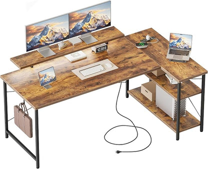 Mericonia Small L Shaped Computer Desk with Power Outlets, Reversible Gaming Desk with Storage Shelves & Monitor Stand, Corner Gamer Desk Table, Study Writing Table