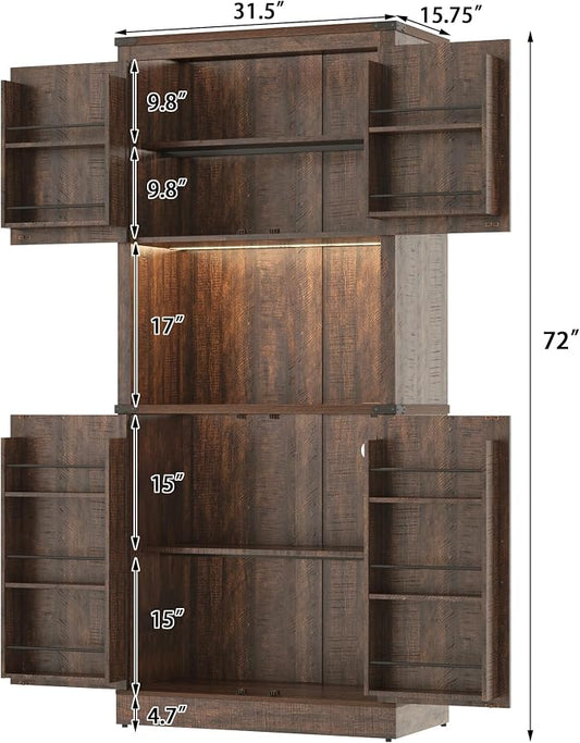 72" Tall Farmhouse Kitchen Pantry Cabinet with LED Light and Power Outlet,Modern Farmhouse Kitchen Storage Cabinet w Load-Bearing Steel Pipe,Barn Doors, Organizer,Food Pantry Cabinets(2PC Brown)