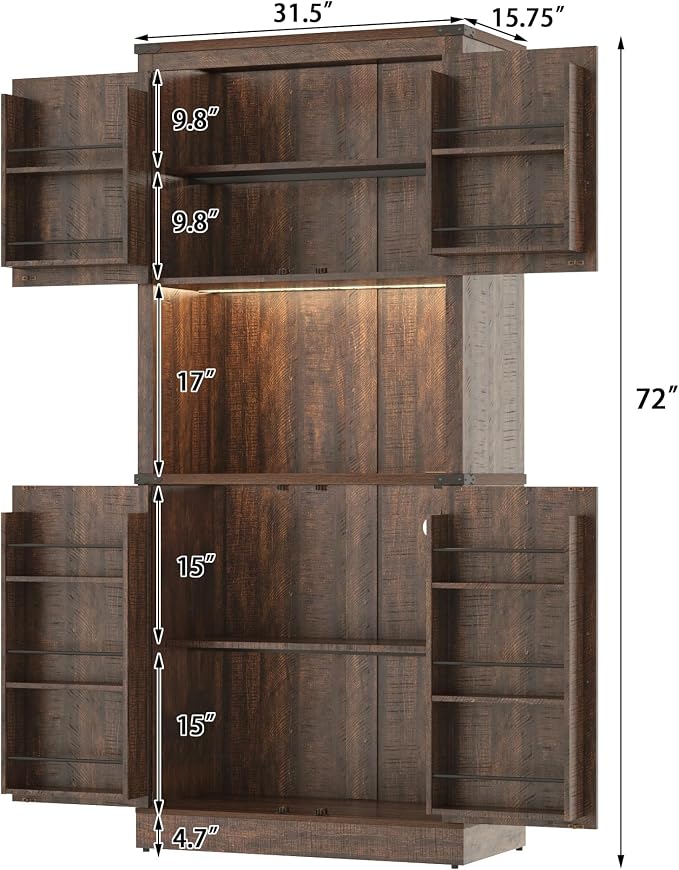 72" Tall Farmhouse Kitchen Pantry Cabinet with LED Light and Power Outlet,Modern Farmhouse Kitchen Storage Cabinet w Load-Bearing Steel Pipe,Barn Doors, Organizer,Food Pantry Cabinets(Rustic Brown)