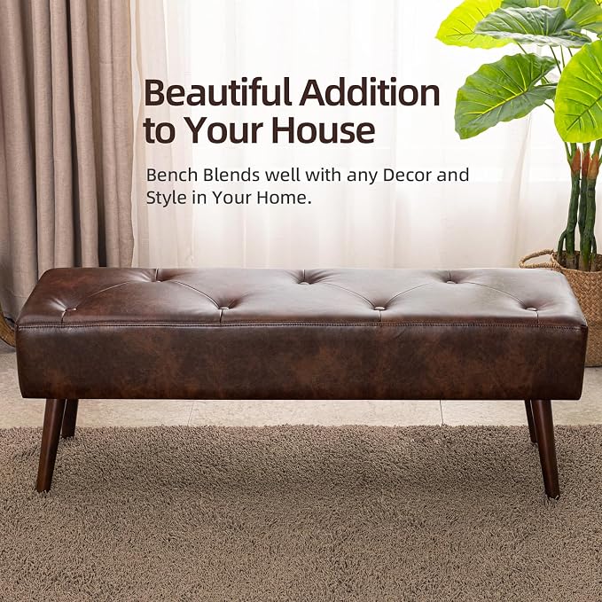 Furniliving 44 Inch Tufted Bench, Leather Footrest Bedroom Bench Seat, Upholstered Leather Indoor Bench Beathable Fabrics Ottoman Bench with X-Shaped Wood Legs for Kitchen, Solid Wood Indoor Bench