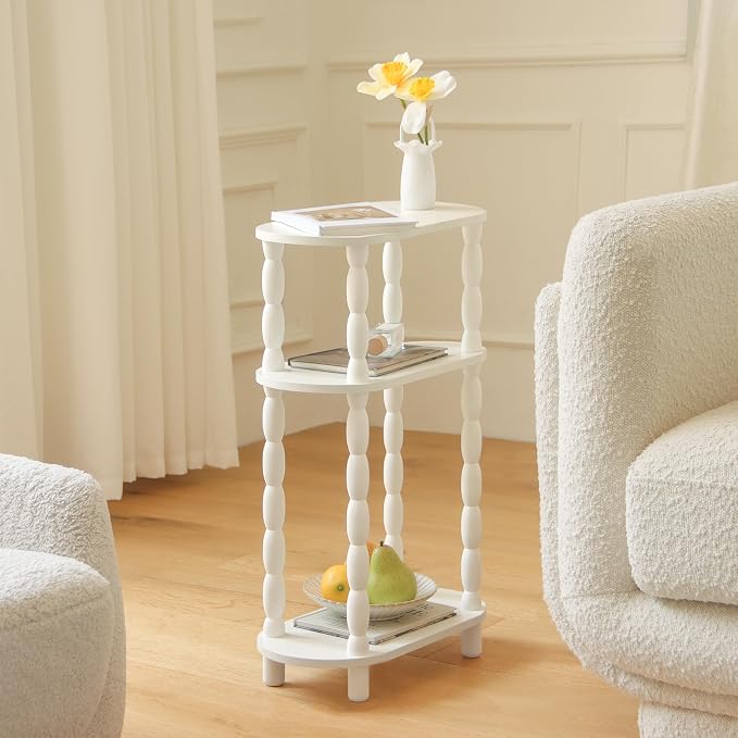 MaxSmeo Narrow Side Table, Small End Table with 3-Tier Open Shelf, Slim Bedside Table Nightstand for Small Spaces, Bedroom, Living Room (White)