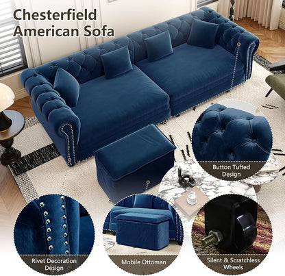 89" King Size Sleeper Sofa Bed - 3-in-1 Convertible Pull Out Sofa Bed with Ottoman, Button Tufted Chesterfield Sofa, Queen Sleeper Couch for Small Spaces Apartments, Guest Rooms, Living Room, Blue