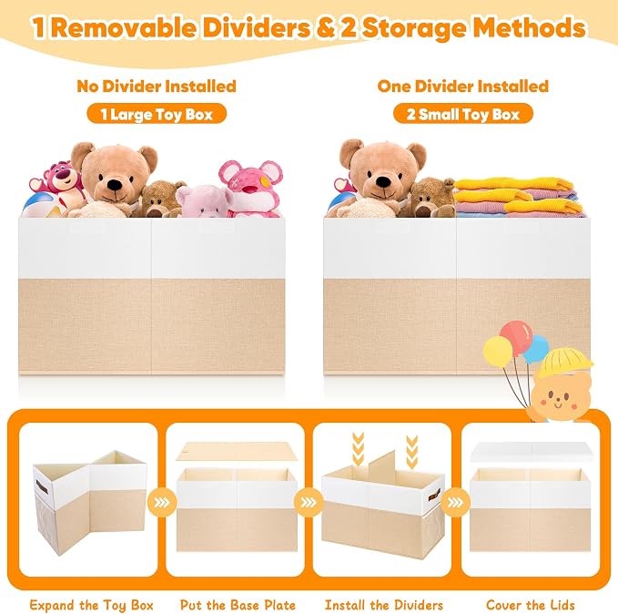 Mabahoo Large Toy Box, Collapsible Sturdy Storage Chest With Lids, Kids Toy Chest Storage Organizer Toddler Bin Boxes for Living Room, Bedroom, Nursery, 25"x13"x16", Beige & White