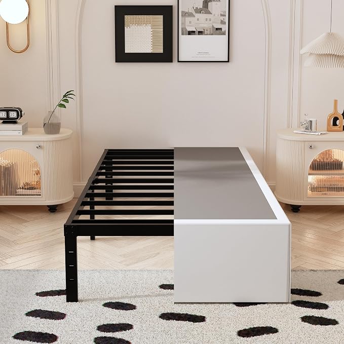 Maenizi Twin Bed Frame with White Fabric Cover 14 Inch, Heavy Duty Metal Bed Frame Twin, No Box Spring Needed, Support Up to 2500 lbs, Easy Assembly, Noise Free, Black