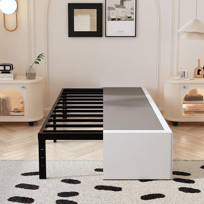 Maenizi Twin Bed Frame with White Fabric Cover 14 Inch, Heavy Duty Metal Bed Frame Twin, No Box Spring Needed, Support Up to 2500 lbs, Easy Assembly, Noise Free, Black