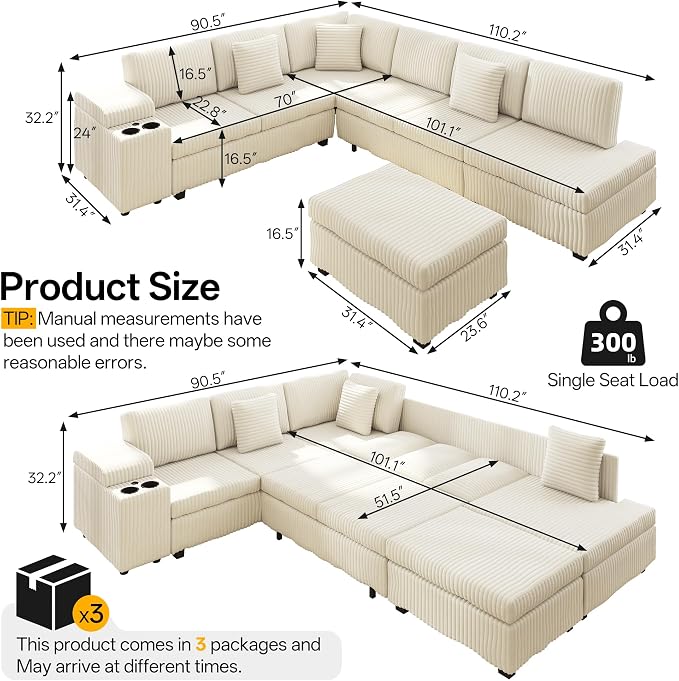 KEIKI 110" L-Shaped Oversized Plush Corduroy Modular Sectional Sofa with Pull-Out Bed, Convertible 6-Seater Sleeper Couch Bed with 1 Ottomans & USB & Cup Holders, Easy Assembly, for Living Room, Beige