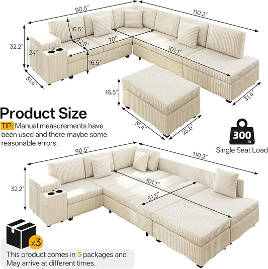 KEIKI 110" L-Shaped Oversized Plush Corduroy Modular Sectional Sofa with Pull-Out Bed, Convertible 6-Seater Sleeper Couch Bed with 1 Ottomans & USB & Cup Holders, Easy Assembly, for Living Room, Beige
