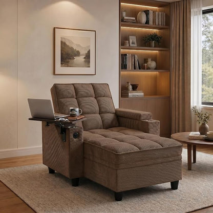 Convertible Sleeper Chair, Pull Out Sofa Bed with Adjustable Backrest & Hidden Storage Armrest, Single Sofa Recliner with USB Charging Port & Cup Holders for Living Room, Bedroom, Coffee