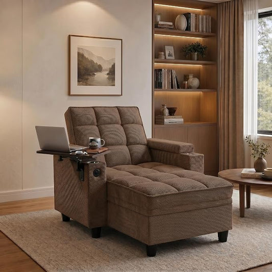 Convertible Sleeper Chair, Pull Out Sofa Bed with Adjustable Backrest & Hidden Storage Armrest, Single Sofa Recliner with USB Charging Port & Cup Holders for Living Room, Bedroom, Coffee
