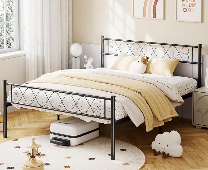 GarveeHome Queen Size Bed Frame, Metal Platform Bed Frame with Headboard and Footboard, 12.2 in Bed Frame with Strong Metal Slats Support, Under Bed Storage, No Box Spring Needed, Black