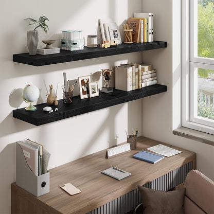 Fun Memories 55 Inch Fireplace Mantel Shelf, 10 Inch Deep Shelves for Display & Wall Storage, Rustic Wood Wall Shelf, Extra Long Floating Shelves for Living Room Laundry Room, Black, Set of 1