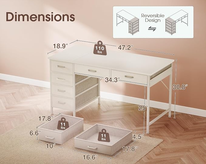 Casaottima 48 Inch Computer Desk with 6 Drawers, Reversible Storage Desk for Home Office, Work Study Table for Bedroom, White