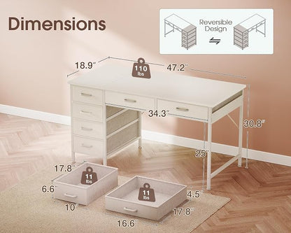 Casaottima 48 Inch Computer Desk with 6 Drawers, Reversible Storage Desk for Home Office, Work Study Table for Bedroom, White