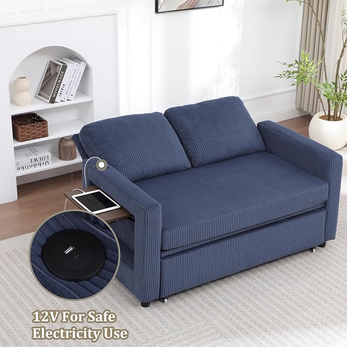3 in 1 Folding Convertible Sleeper Sofa Bed, Pull Out Couch with Side Pockets,USB Port,Side Table,Loveseat Sofa Bed with Adjustable Backrest for Living Room Bedroom 66" Blue 2 SEAT