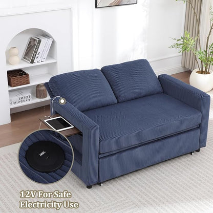 3 in 1 Folding Convertible Sleeper Sofa Bed, Pull Out Couch with Side Pockets,USB Port,Side Table,Loveseat Sofa Bed with Adjustable Backrest for Living Room Bedroom 66" Blue 2 SEAT