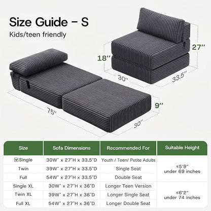 4-in-1 Folding Sofa Bed Convertible Boneless Sleeper Chair Couch Foldable Lounger & Mattress Pocket Coil & Foam Fill Medium Support, Portable No Assembly for Living Room/Bedroom, Single
