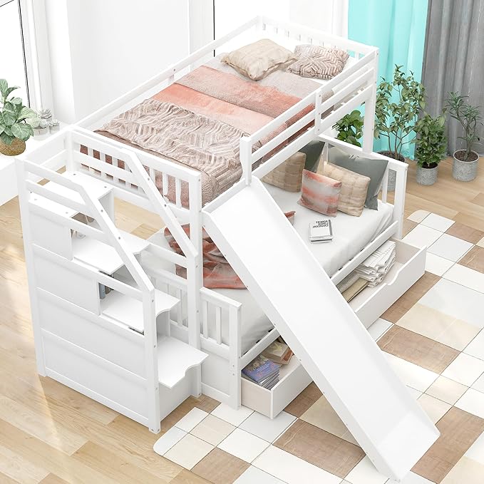 RUNNA Twin Over Full Bunk Bed with Slide,Storage Drawers,Play House, White | Twin over full bunk bed with slide,storage,ladder,play house design,solid wood frame,guardrails,no box spring needed,White