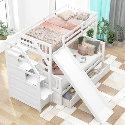 RUNNA Twin Over Full Bunk Bed with Slide,Storage Drawers,Play House, White | Twin over full bunk bed with slide,storage,ladder,play house design,solid wood frame,guardrails,no box spring needed,White