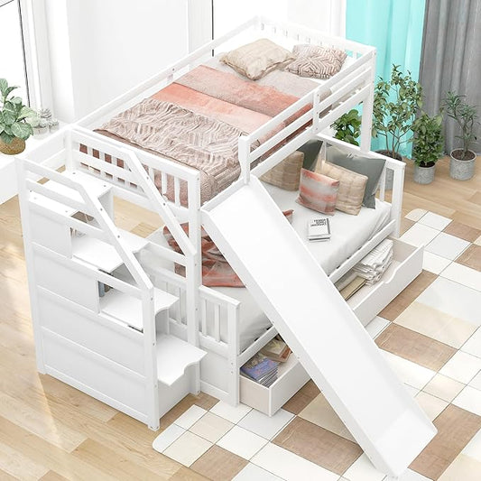 RUNNA Twin Over Full Bunk Bed with Slide,Storage Drawers,Play House, White | Twin over full bunk bed with slide,storage,ladder,play house design,solid wood frame,guardrails,no box spring needed,White