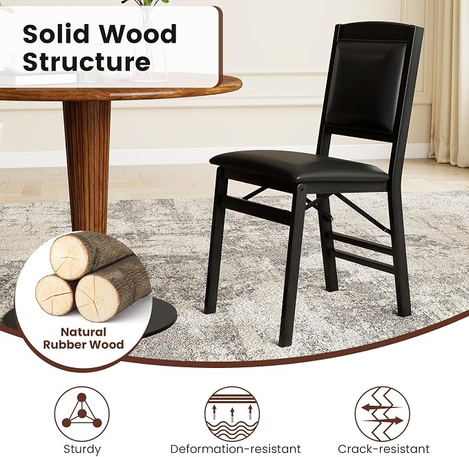 Giantex Folding Dining Chairs Set of 2, Black Wood Kitchen Chair w/Padded Seat, Solid Wood Frame, Max Load 400 Lbs, No Assembly, Easy to Store Foldable Wooden Dining Chairs for Apartment, Small Space
