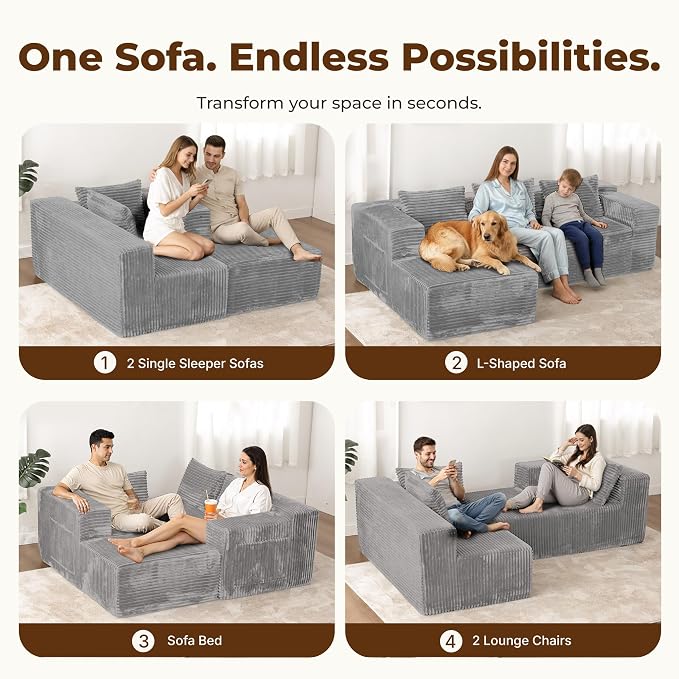 Modular Sectional L-Shaped Sofa with Deep Seat, Modern Boneless Comfy Corduroy Fluffy Couch with Side Pockets and Anti-Slip & Floor-Friendly Bottom for Living Room, No Assembly, Light Grey