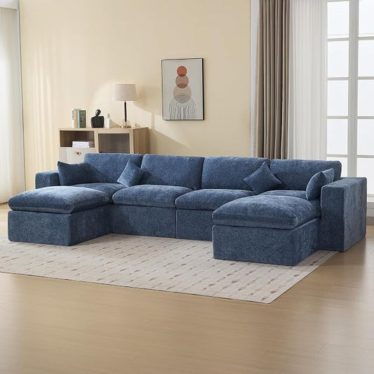 146''Cloud Boneless Sectional Couch, Modular Sectional Sofa Deep Seat with 2 Ottomans, Oversized Upholstered Convertible Comfy 6 Seater Chenille Sofa U Shape Couches for Living Room, Blue
