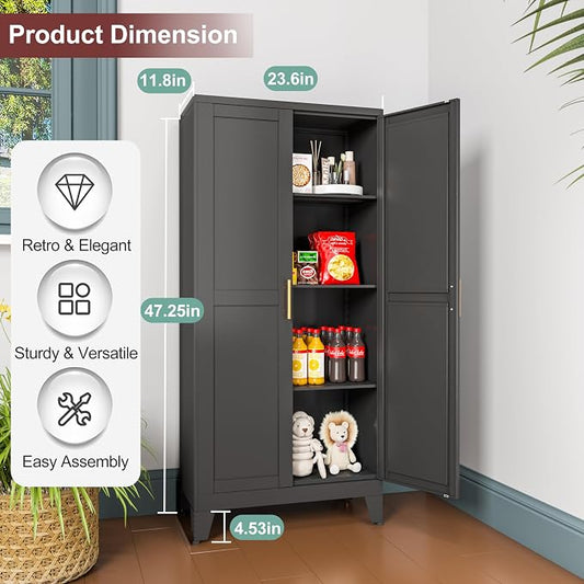 winiowa Metal Pantry Cabinet with 2 Doors and Adjustable Shelves, Kitchen Storage cabinets with Gold Handles, Versatile Storage for Laundry Room,Living Room,Bathroom,Dinning Room-Black
