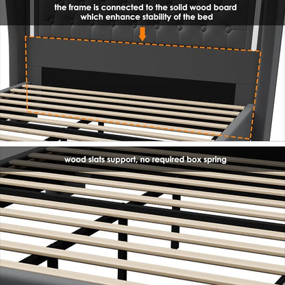 Queen Bed Frame 55" Tall Headboard with LED Lights, Buttons Tufted Velvet Upholstered Platform Bed Frame with 2 Storage Drawers, Wood Slats Support Mattress Foundation, No Box Spring Needed, Grey