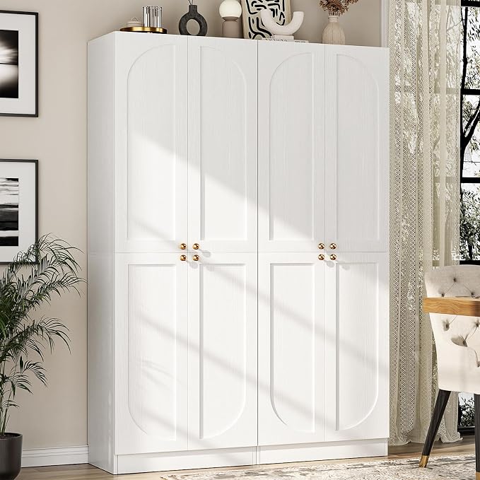 Cyclysio 80" Kitchen Pantry, Extra Tall Arch Storage Cabinet with 8 Soft Close Doors and Adjustable Shelves, Freestanding Wood Cupboard with Seamless Fit Wall for Dining Living Room Bathroom Furniture