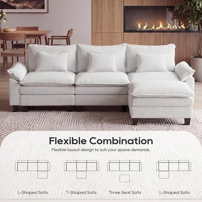 URRED Oversized Modular Sectional Sofa, 122" L Shaped Modern Comfy Cloud Couch with Movable Ottoman & Pillows, Deep Seat Couches for Living Room, Bedroom or Apartment (Corduroy Beige, 122" L Shaped)