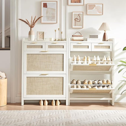 HOKYHOKY Rattan Shoe Storage Cabinet with 2 Drawers & 2 Flip Drawers – Hidden Slim Shoe Organizer for Entryway, Large Tabletop Space, Farmhouse Boho Narrow Shoe Rack, Rustic White