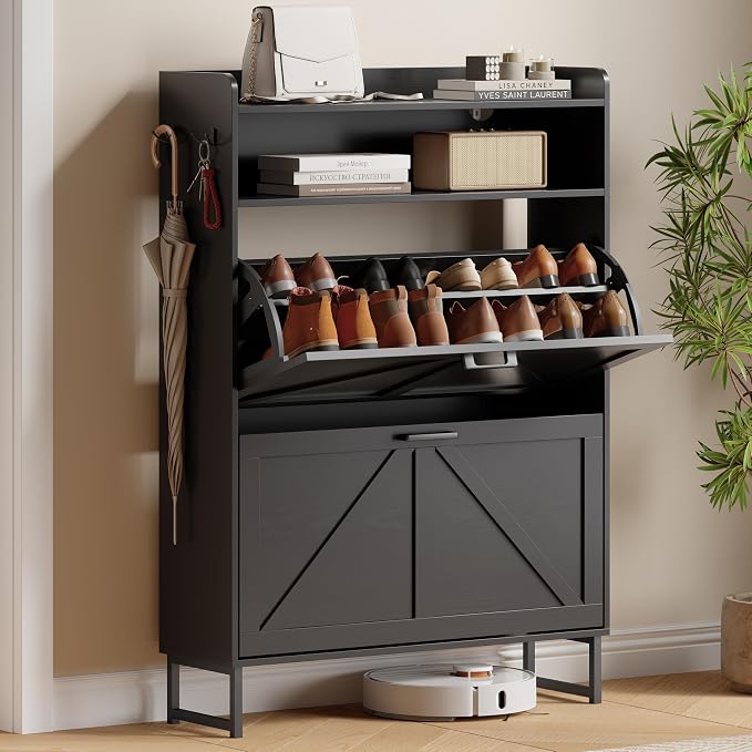 Shoe Cabinet with 2 Flip Drawers, Freestanding Hidden Shoe Storage Organizer for Entryway, Narrow Slim Shoe Rack Cabinet with Open Storage & Hooks for Front Door Entrance, Living Room, Hallway, Black