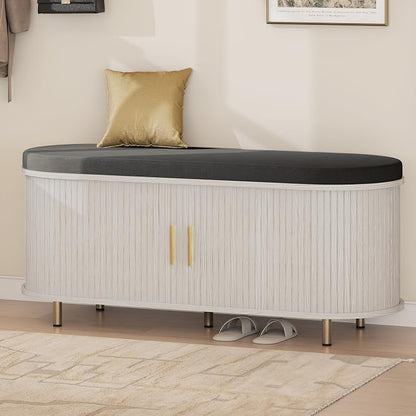 DHH 2-Tier Storage Bench,Wide Shoe Bench with Thickened Padded Seat Cushion, Mid Century Modern Fluted Sliding Door and Adjustable Shelf, for Entryway, Living Room, Bedroom (Grayish White, 43.3“)
