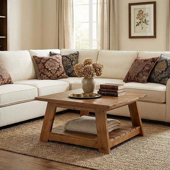 31.5" Solid Wood Square Coffee Table, 2-Tier Storage Design, Sturdy Wooden Legs, Farmhouse Accent Center Cocktail Table for Living Room, Easy Assembly, Honey Brown