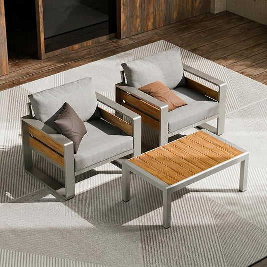 ZANDOR Aluminum Outdoor Patio Furniture-Armchair with Table,Sliver | Rustproof,High weight capacity,Water-repellent,Washable Cover,All-Weather Resistant,Easy clean,for Poolside Backyard Deck