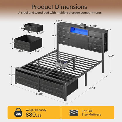 Homkdom Full Size Bed Frame with 8 Fabric Drawers Storage, LED Lights & Charging Station, Metal Platform Bed Frame with Headboard Storage Providing Noise-Free and Easy Assembly,Black