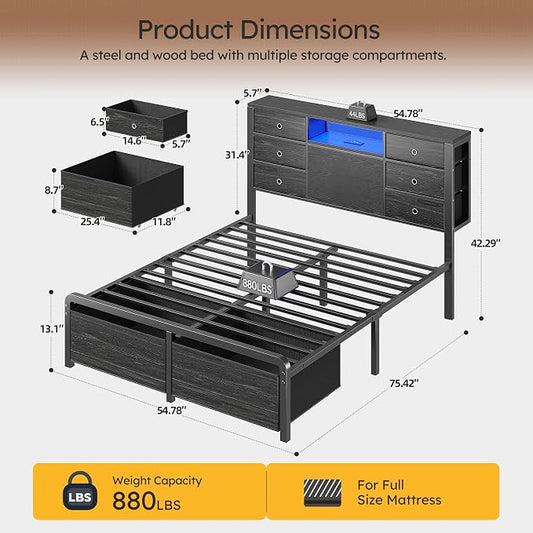 Homkdom Full Size Bed Frame with 8 Fabric Drawers Storage, LED Lights & Charging Station, Metal Platform Bed Frame with Headboard Storage Providing Noise-Free and Easy Assembly,Black