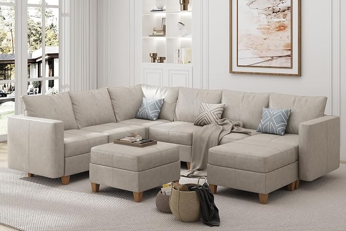 EASE MOOSE Leather Sectional Couch Sofa with Storage,U Shaped Faux Leather Modualr Sectional Modular Sofa,Whitesand