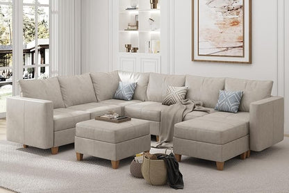 EASE MOOSE Leather Sectional Couch Sofa with Storage,U Shaped Faux Leather Modualr Sectional Modular Sofa,Whitesand