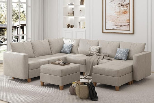 EASE MOOSE Leather Sectional Couch Sofa with Storage,U Shaped Faux Leather Modualr Sectional Modular Sofa,Whitesand