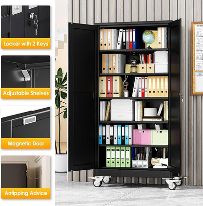 PAOFIN Metal Garage Storage Cabinet with Wheels,Steel Lockable File Cabinets with 2 Doors and 5 Adjustable Shelves,74" H Locking Tool Cabinets for Home Office, Warehouse, Required Assembly,Black