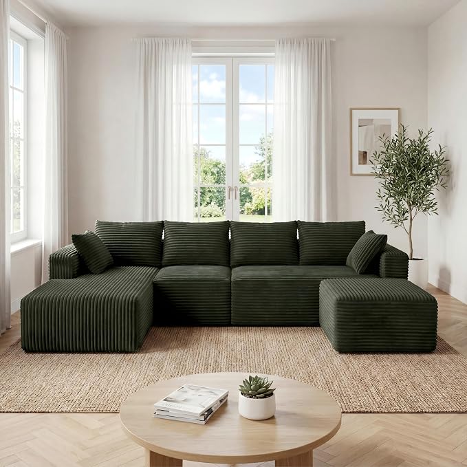 118" Modular Sectional Sofa with Chaise and Ottoman, Oversized U-Shaped Corduroy Cloud Couch,Deep Seat Boneless Couch for Living Room,No-Assembly,Green(Left Facing Chaise)